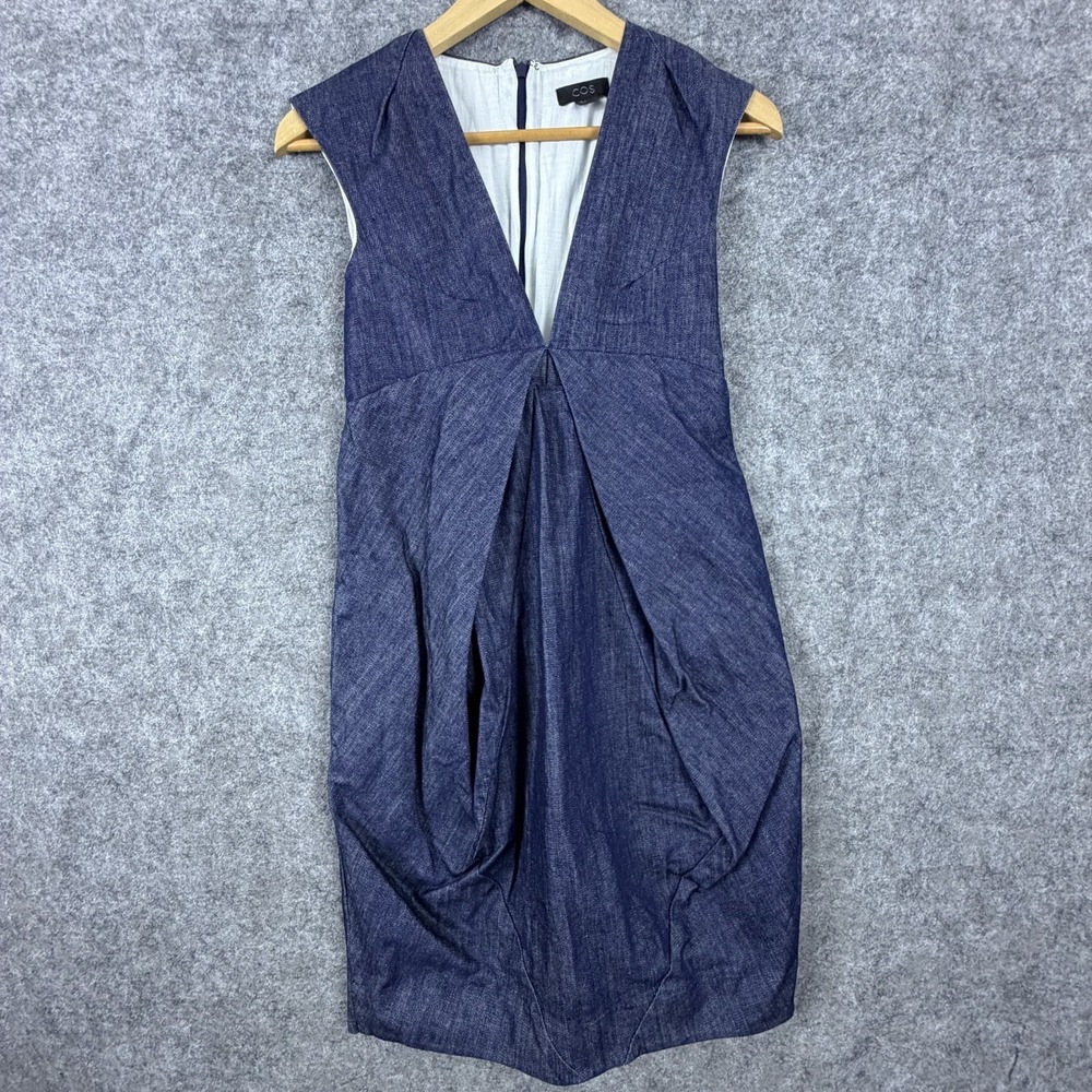 Cos Architectural Dress Women 4 Blue Cotton Stretch Bubble Hem Modern Office